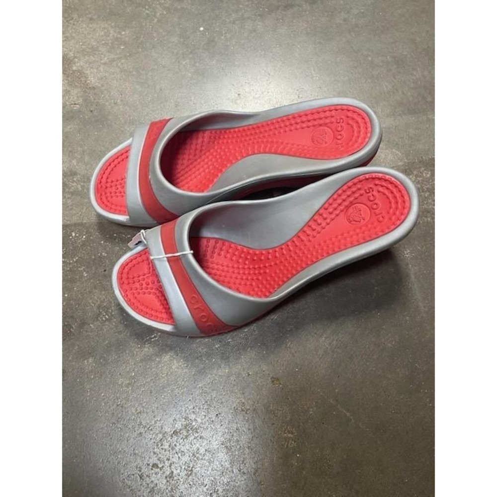 Crocs Womens Grey Red Wedge Slide Sandals Size 8 Slip On Comfort Shoes